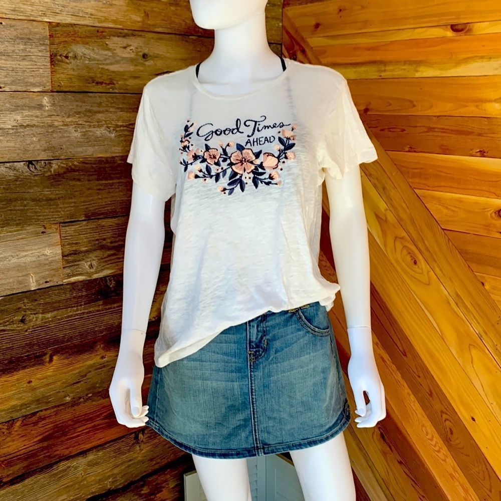 “Good Times Ahead”. Abercrombie semi sheer tee.